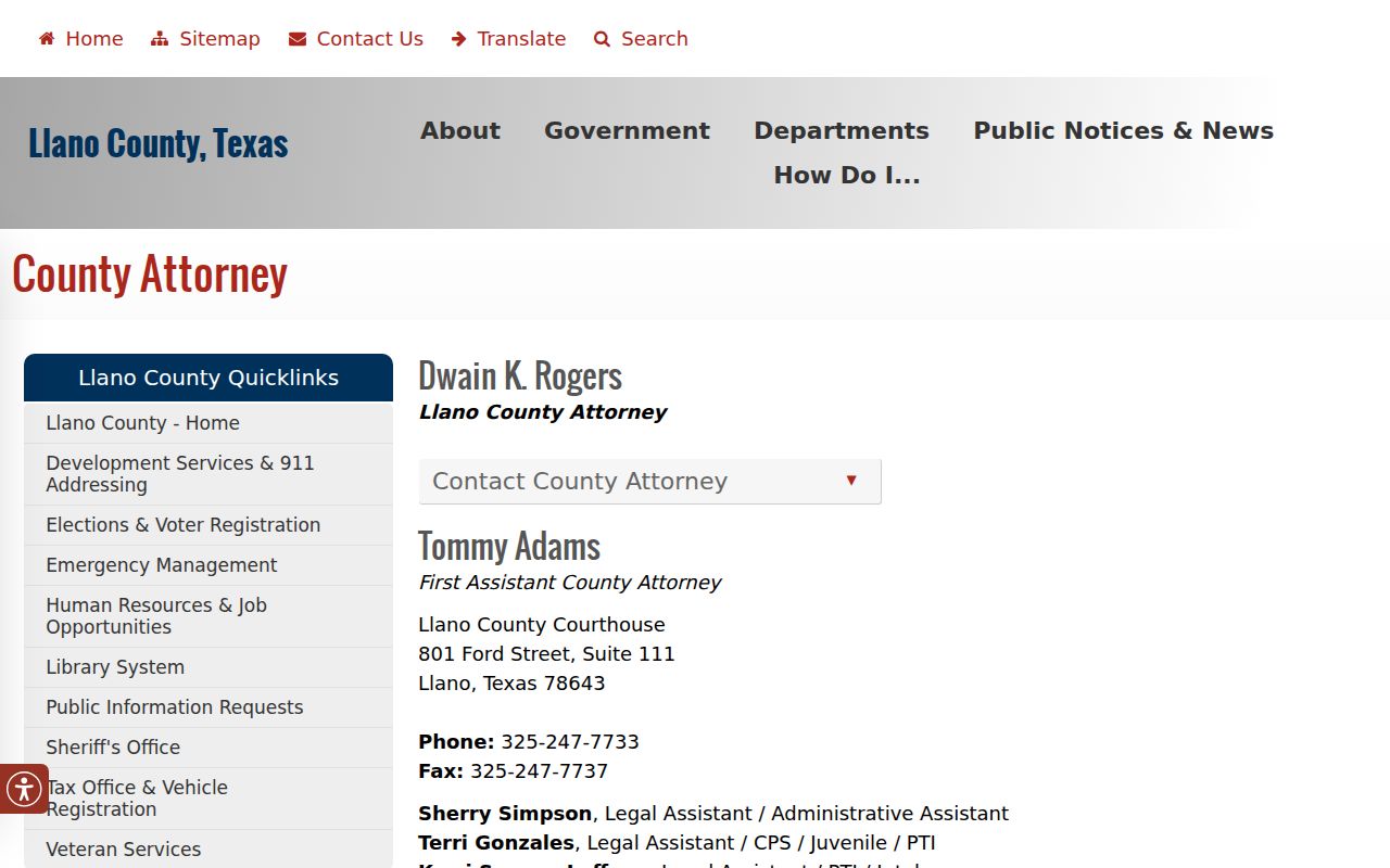 Llano County active warrant search: County Attorney office role information