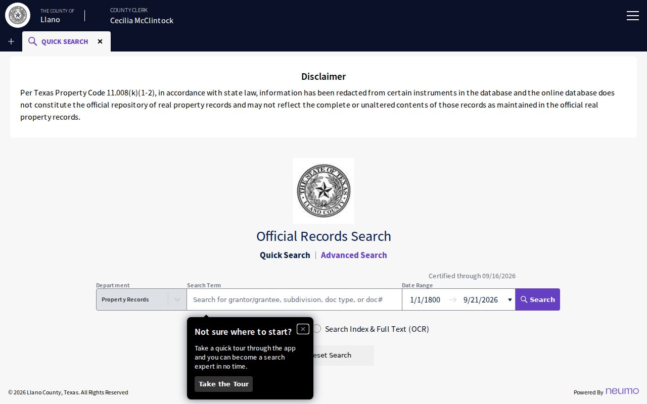 Llano County warrant check: blank county public-record search portal
