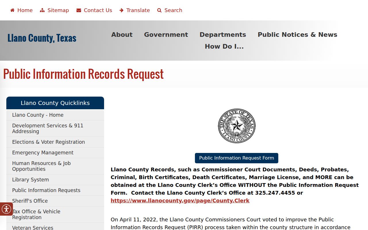 Llano County warrant search: county public-information request form