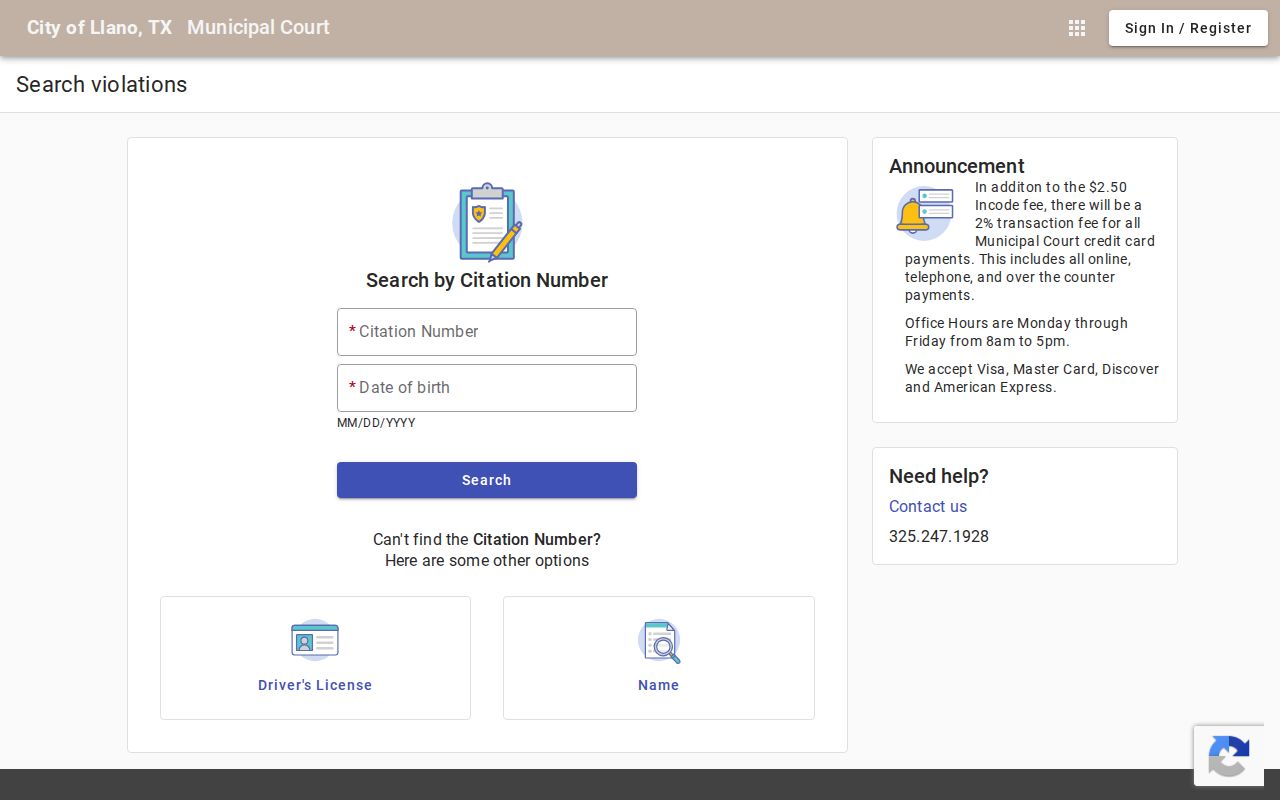 Llano warrant records: blank Llano municipal citation and payment search