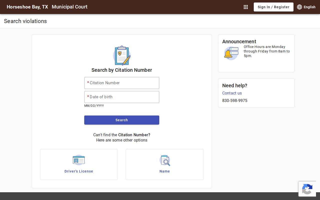 Horseshoe Bay warrant records: blank municipal citation-search form