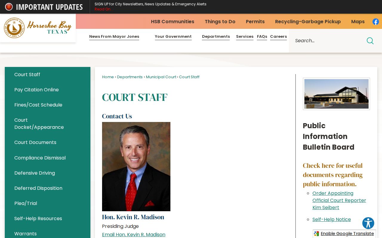 Horseshoe Bay warrant records: Municipal Court staff and location