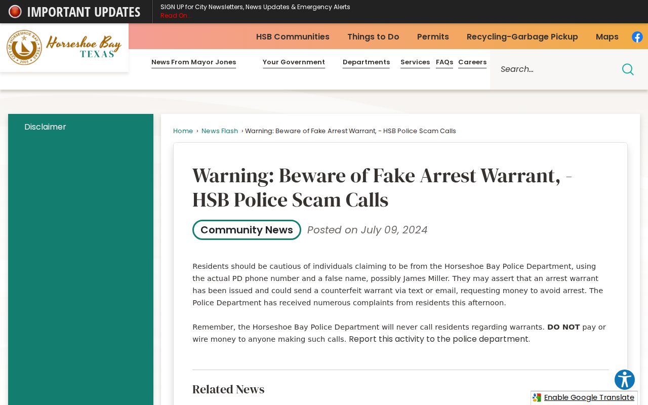 Horseshoe Bay warrant records: official warning about warrant-scam calls