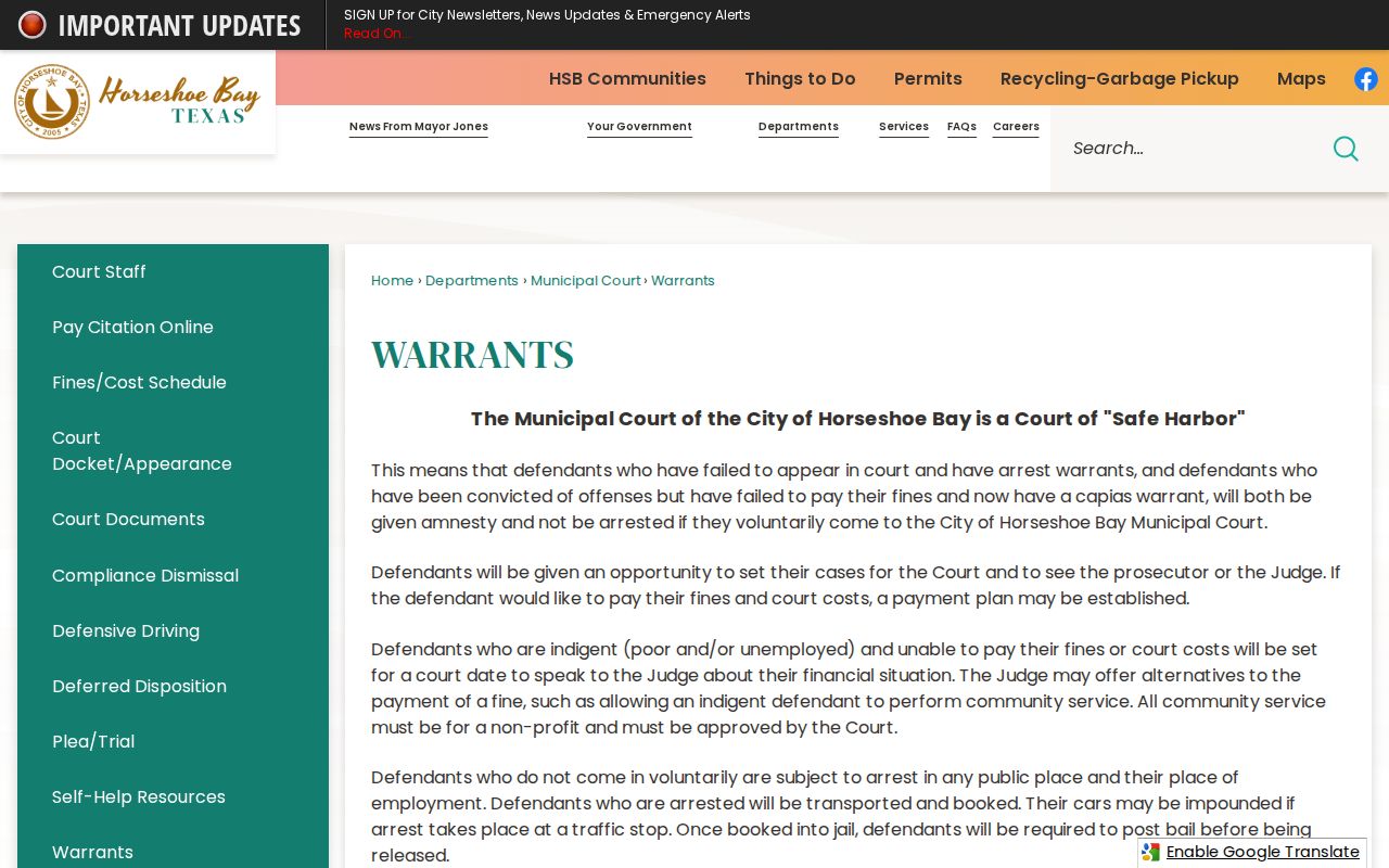 Llano County municipal warrant: Horseshoe Bay Court of Safe Harbor information