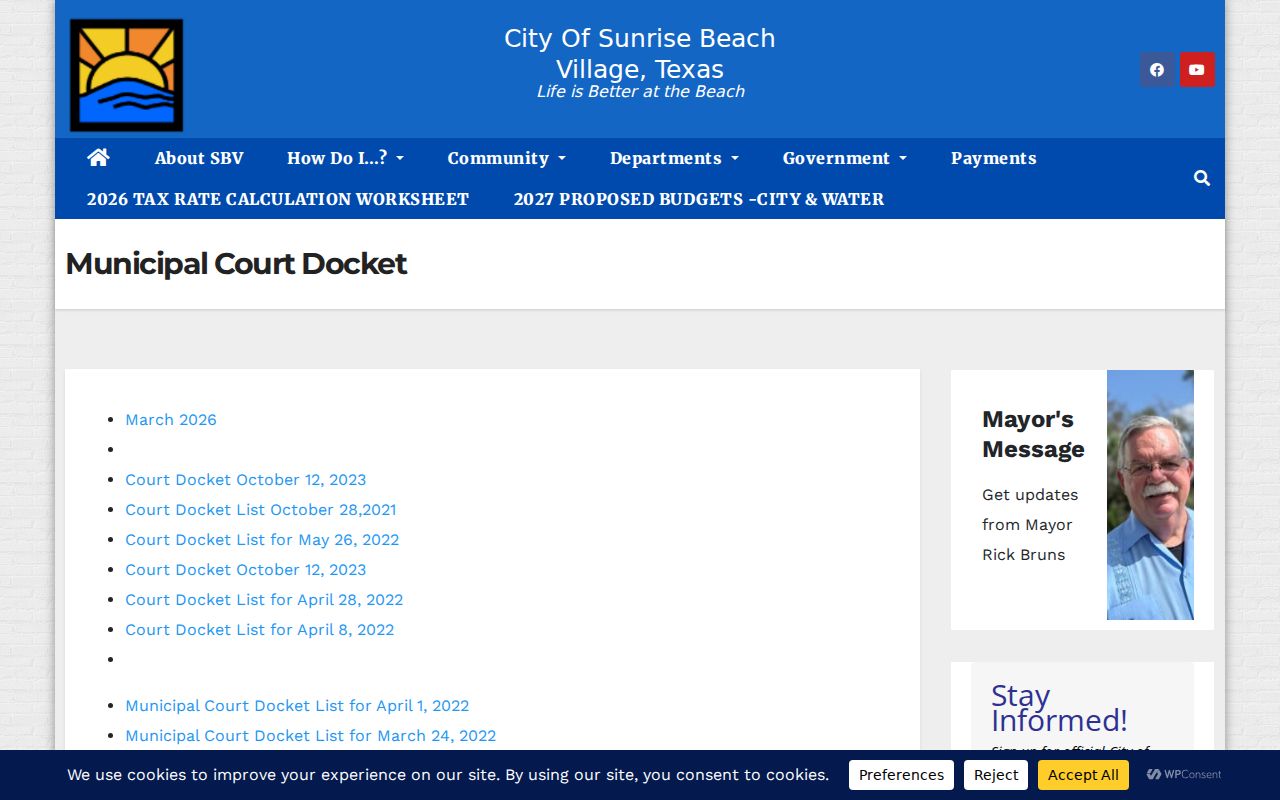 Sunrise Beach Village warrant records: municipal docket posting page